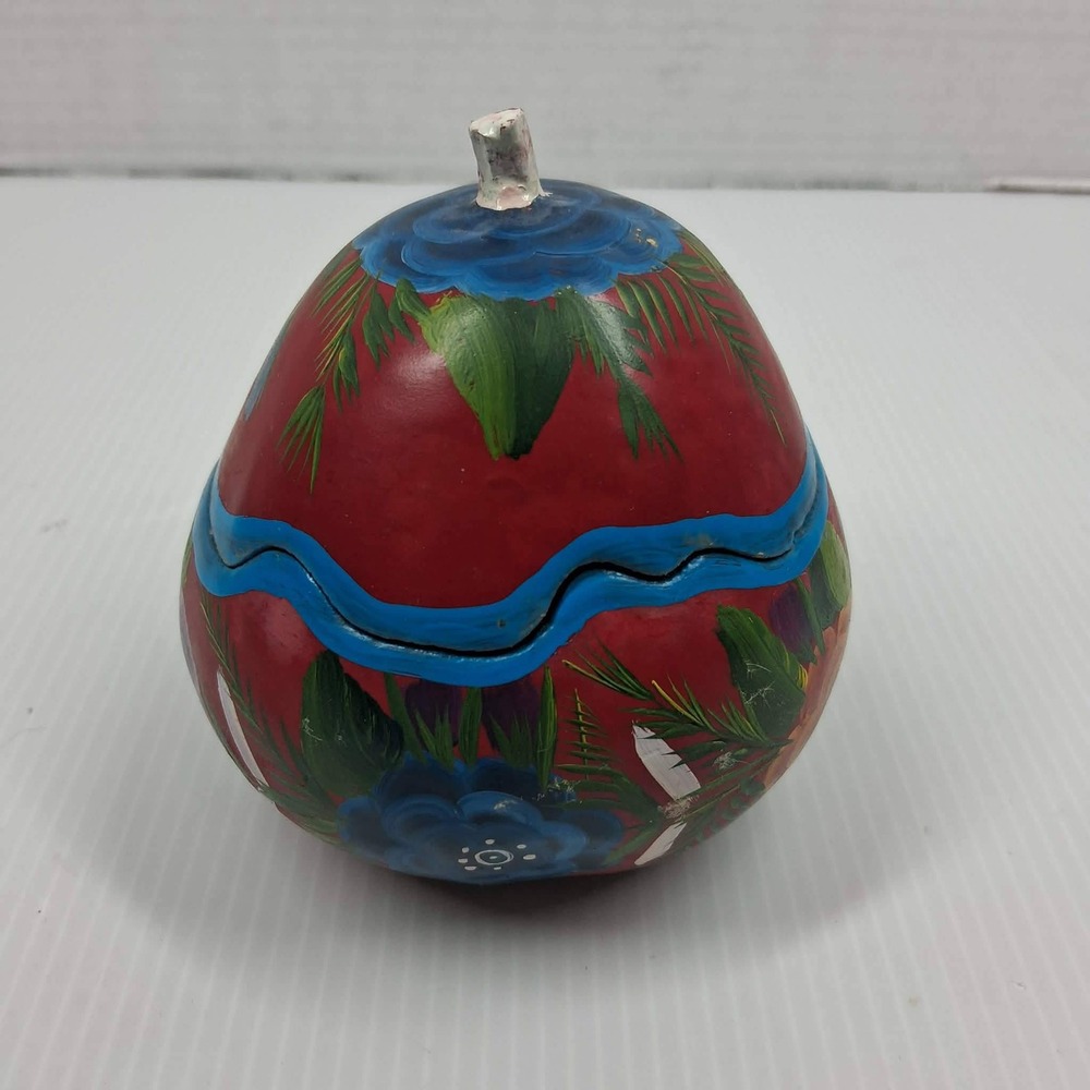Hand Painted Floral Gourd Trinket Box Red Folk Art Decorative Lidded Container - Picture 2 of 8